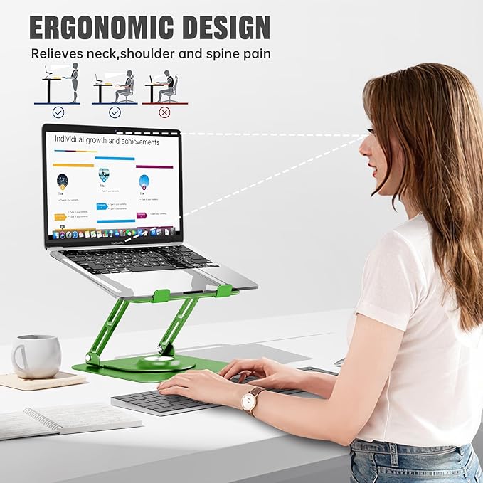 JOYEKY Laptop Stand for Desk, Adjustable Computer Stand with 360° Rotating Base, Ergonomic Laptop Riser for Collaborative Work, Foldable & Portable Laptop Stand, fits for All 10 - 16" Laptops (Green) | Stands - TrueDesk