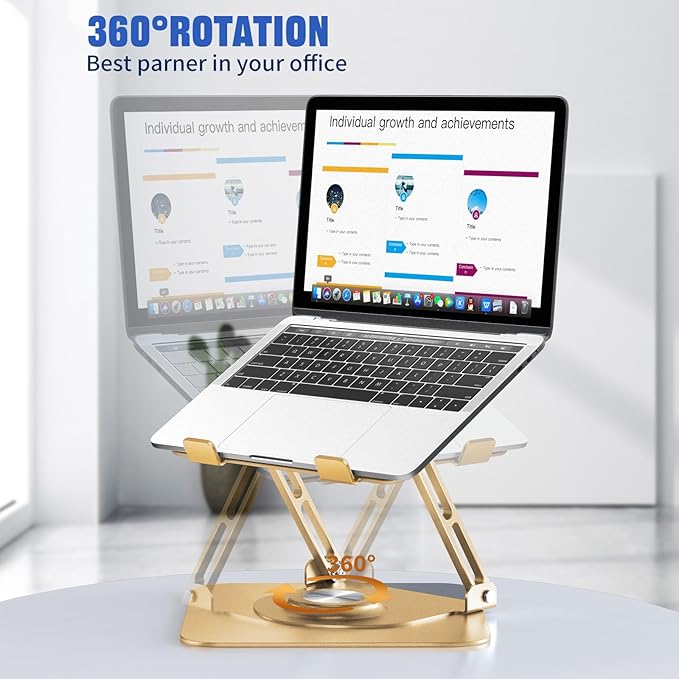 JOYEKY Laptop Stand for Desk, Adjustable Computer Stand with 360° Rotating Base, Ergonomic Laptop Riser for Collaborative Work, Foldable & Portable Laptop Stand, fits for All 10 - 16" Laptops (Gold) | Stands - TrueDesk