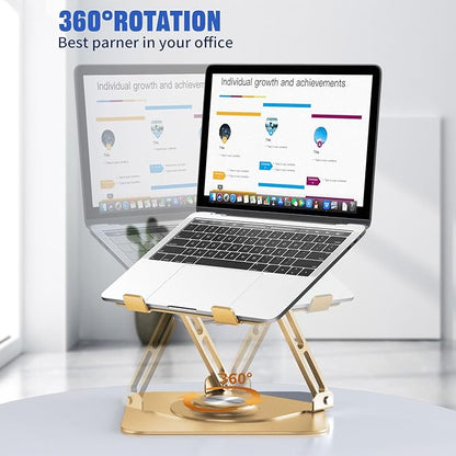 JOYEKY Laptop Stand for Desk, Adjustable Computer Stand with 360° Rotating Base, Ergonomic Laptop Riser for Collaborative Work, Foldable & Portable Laptop Stand, fits for All 10 - 16" Laptops (Gold) | Stands - TrueDesk