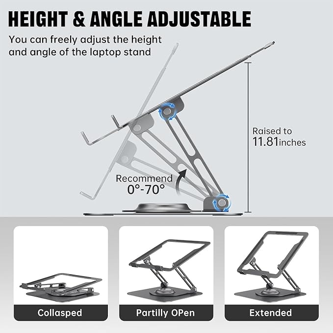 JOYEKY Laptop Stand for Desk, Adjustable Computer Stand with 360° Rotating Base, Ergonomic Laptop Riser for Collaborative Work, Foldable & Portable Laptop Stand, fits for All 10 - 16" Laptops (Grey) | Stands - TrueDesk