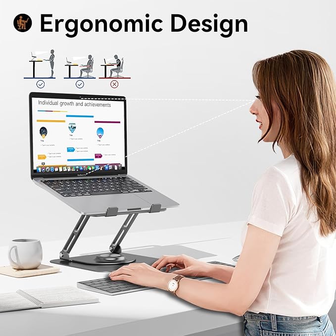 JOYEKY Laptop Stand for Desk, Adjustable Computer Stand with 360° Rotating Base, Ergonomic Laptop Riser for Collaborative Work, Foldable & Portable Laptop Stand, fits for All 10 - 16" Laptops (Grey) | Stands - TrueDesk