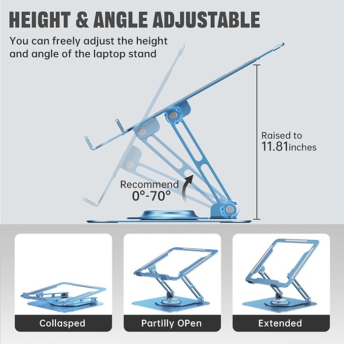 JOYEKY Laptop Stand for Desk, Adjustable Computer Stand with 360° Rotating Base, Ergonomic Laptop Riser for Collaborative Work, Foldable & Portable Laptop Stand, fits for All 10 - 16" Laptops (Blue) | Stands - TrueDesk