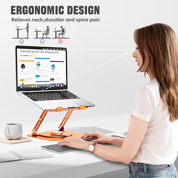 JOYEKY Laptop Stand for Desk, Adjustable Computer Stand with 360° Rotating Base, Ergonomic Laptop Riser for Collaborative Work, Foldable & Portable Laptop Stand, fits for All 10 - 16" Laptops (Orange) | Stands - TrueDesk