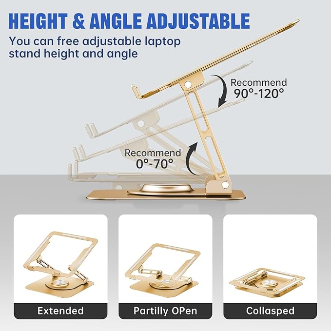 JOYEKY Laptop Stand for Desk, Adjustable Computer Stand with 360° Rotating Base, Ergonomic Laptop Riser for Collaborative Work, Foldable & Portable Laptop Stand, fits for All 10 - 16" Laptops (Gold) | Stands - TrueDesk