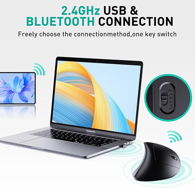 JYKEYMOUT Bluetooth and 2.4G (2 - in - 1) Rechargeable Wireless Mouse, Ergonomic Vertical Design, 1000/1200/1600 DPI, 6 Silent Buttons, for Laptop, Computer, PC, MacBook, Chromebook - Black | Mice - TrueDesk