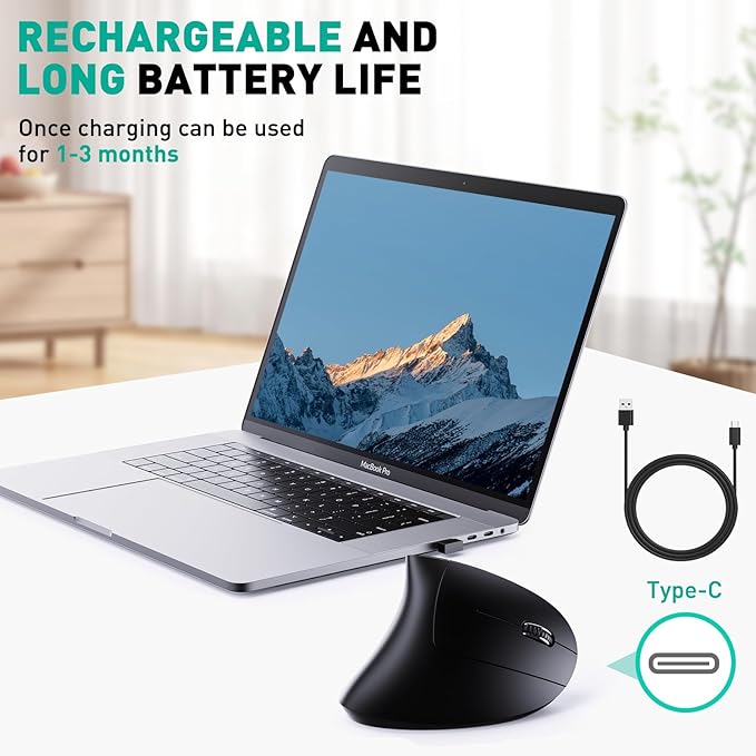 JYKEYMOUT Bluetooth+USB A+USB C(3 in 1)Rechargeable Ergonomic Mouse, Wireless Vertical Design, 5 Adjustable Levels Up to 4800 DPI, 2.4G Carpal Tunnel Silent Mice for PC,Laptop,MacBook,Chromebook - Black | Mice - TrueDesk