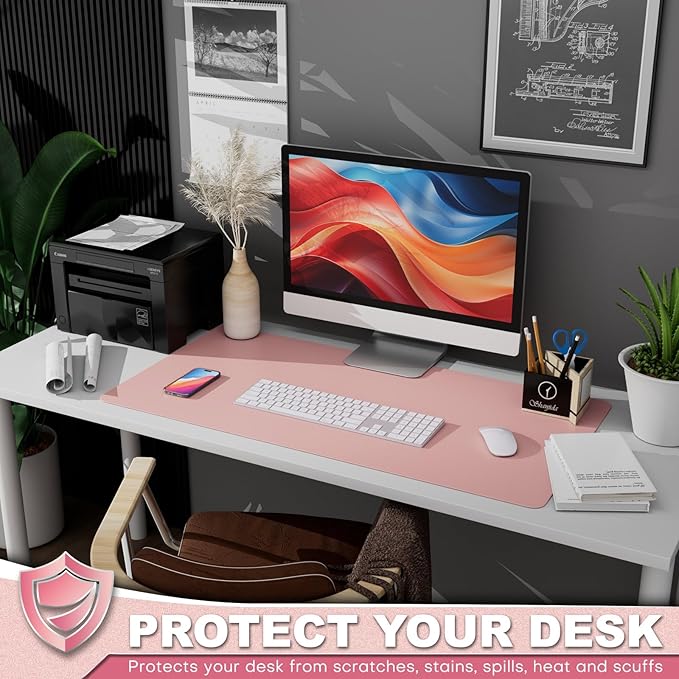 K KNODEL Leather Desk Pad Protector, Office Desk Mat, Large PVC Leather Desk Blotter, Non - Slip Mouse Pad (Pink, 17" x 35.4") | Desk Pads Blotters - TrueDesk