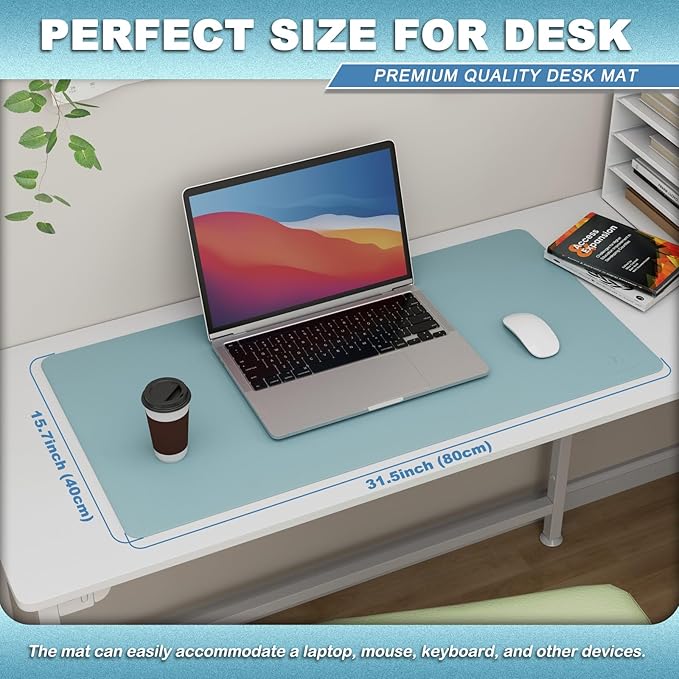 K KNODEL Leather Desk Pad Protector, Office Desk Mat, Large PVC Leather Desk Blotter, Non - Slip Mouse Pad (Sky Blue, 15.7" x 31.5") | Desk Pads Blotters - TrueDesk