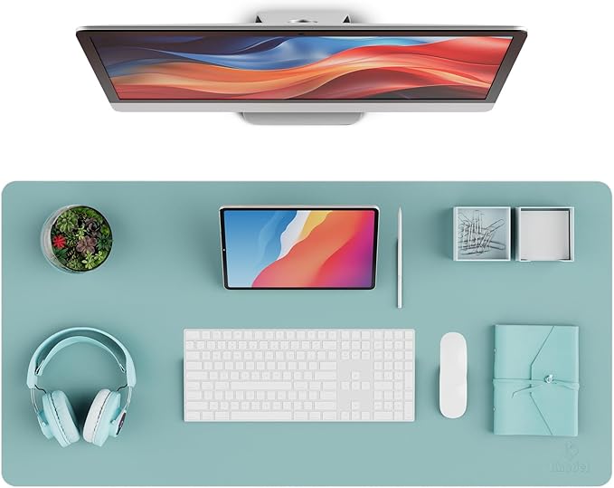 K KNODEL Leather Desk Pad Protector, Office Desk Mat, Large PVC Leather Desk Blotter, Non - Slip Mouse Pad (Sky Blue, 15.7" x 31.5") | Desk Pads Blotters - TrueDesk