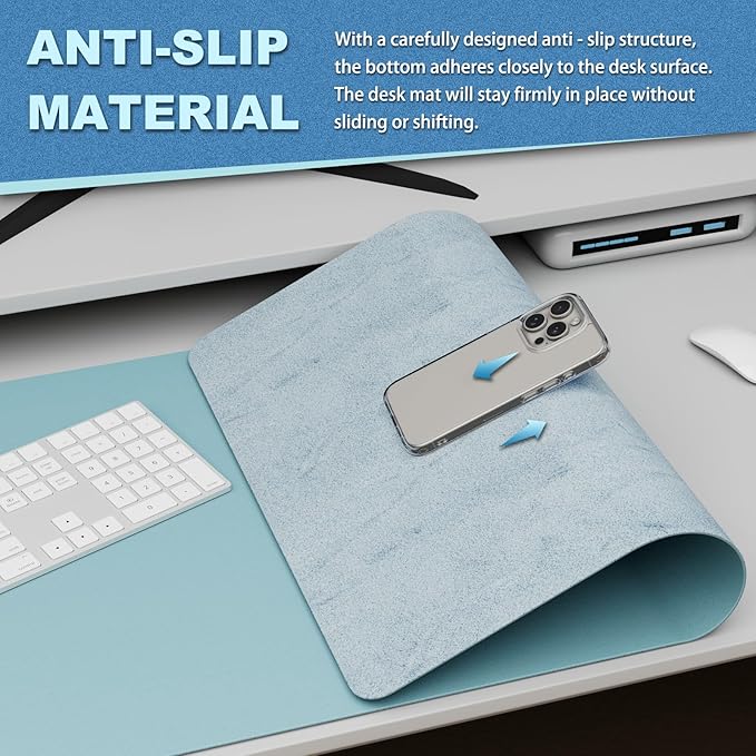 K KNODEL Leather Desk Pad Protector, Office Desk Mat, Large PVC Leather Desk Blotter, Non - Slip Mouse Pad (Sky Blue, 15.7" x 31.5") | Desk Pads Blotters - TrueDesk