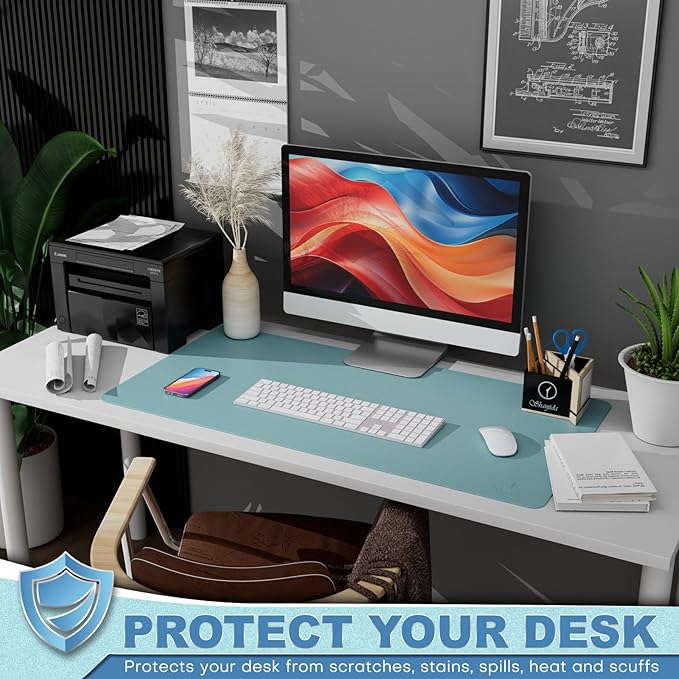 K KNODEL Leather Desk Pad Protector, Office Desk Mat, Large PVC Leather Desk Blotter, Non - Slip Mouse Pad (Sky Blue, 17" x 35.4") | Desk Pads Blotters - TrueDesk