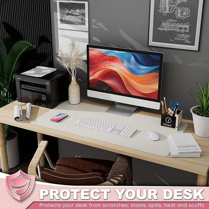 K KNODEL Leather Desk Pad Protector, Office Desk Mat, Large PVC Leather Desk Blotter, Non - Slip Mouse Pad (White, 17" x 35.4") | Desk Pads Blotters - TrueDesk