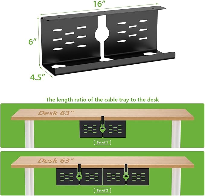 KEEGH 16" Under Desk Cable Management Tray, 2 Pack Desk Cord Organizer Upgrade Capacity, No Drill Clamp/Screws Mount, Cord Management Tray for Home Office, Gaming Desk, Standing Desk, Black | Racks Cabinets - TrueDesk