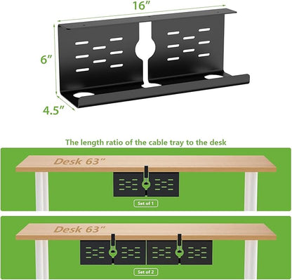 KEEGH 16" Under Desk Cable Management Tray, 2 Pack Desk Cord Organizer Upgrade Capacity, No Drill Clamp/Screws Mount, Cord Management Tray for Home Office, Gaming Desk, Standing Desk, Black | Racks Cabinets - TrueDesk