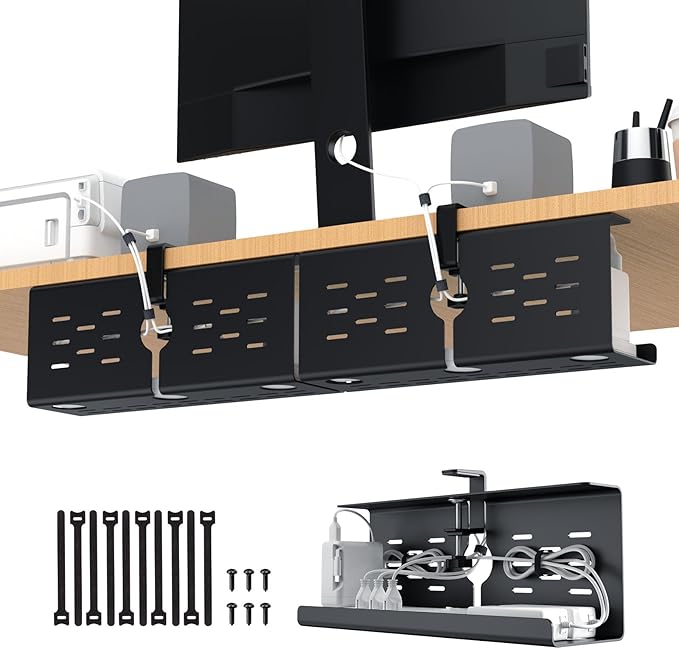 KEEGH 16" Under Desk Cable Management Tray, 2 Pack Desk Cord Organizer Upgrade Capacity, No Drill Clamp/Screws Mount, Cord Management Tray for Home Office, Gaming Desk, Standing Desk, Black | Racks Cabinets - TrueDesk
