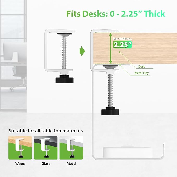 KEEGH 16" Under Desk Cable Management Tray, 2 Pack Desk Cord Organizer Upgrade Capacity, No Drill Clamp/Screws Mount, Cord Management Tray for Home Office, Gaming Desk, Standing Desk, White | Racks Cabinets - TrueDesk