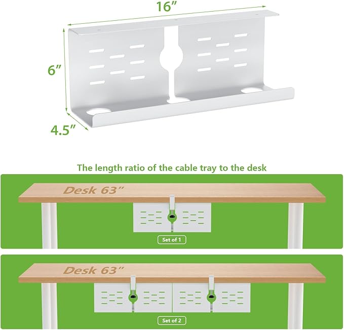 KEEGH 16'' Under Desk Cable Management Tray, No Drill Clamp/Screws Mount, Sturdy Metal Cable Tray for Place Power Strip, Cord Management Tray for Home Office, Gaming Desk, Standing Desk, 1 Pack, White | Racks Cabinets - TrueDesk