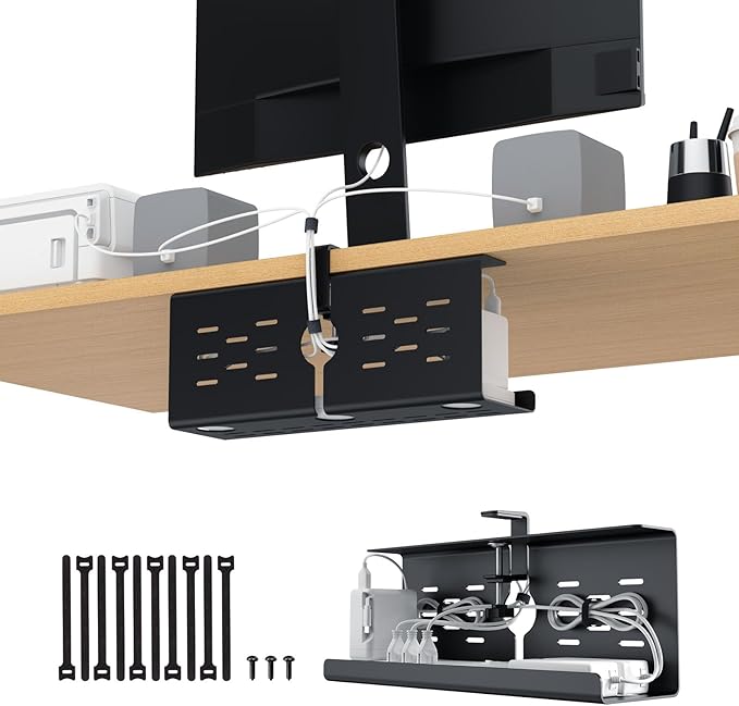 KEEGH 16'' Under Desk Cable Management Tray, No Drill Clamp/Screws Mount, Sturdy Metal Cable Tray for Place Power Strip, Cord Management Tray for Home Office, Gaming Desk, Standing Desk, 1 Pack, Black | Racks Cabinets - TrueDesk