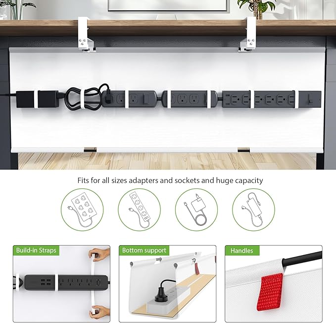 KEEGH Extra Large 48" Under Desk Cable Management Tray - Under Desk Cord Management - Clamp/Screw Mount - Support Upto 70lbs - Fabric Wire Management - Cable Raceways Cord Hider for Office/Home, White | Cable Raceways - TrueDesk
