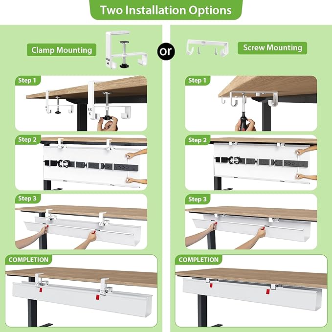 KEEGH Extra Large 48" Under Desk Cable Management Tray - Under Desk Cord Management - Clamp/Screw Mount - Support Upto 70lbs - Fabric Wire Management - Cable Raceways Cord Hider for Office/Home, White | Cable Raceways - TrueDesk