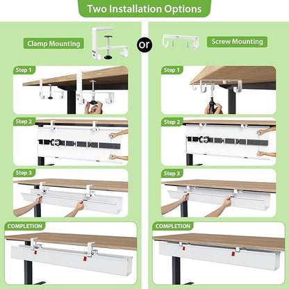 KEEGH Extra Large 48" Under Desk Cable Management Tray - Under Desk Cord Management - Clamp/Screw Mount - Support Upto 70lbs - Fabric Wire Management - Cable Raceways Cord Hider for Office/Home, White | Cable Raceways - TrueDesk