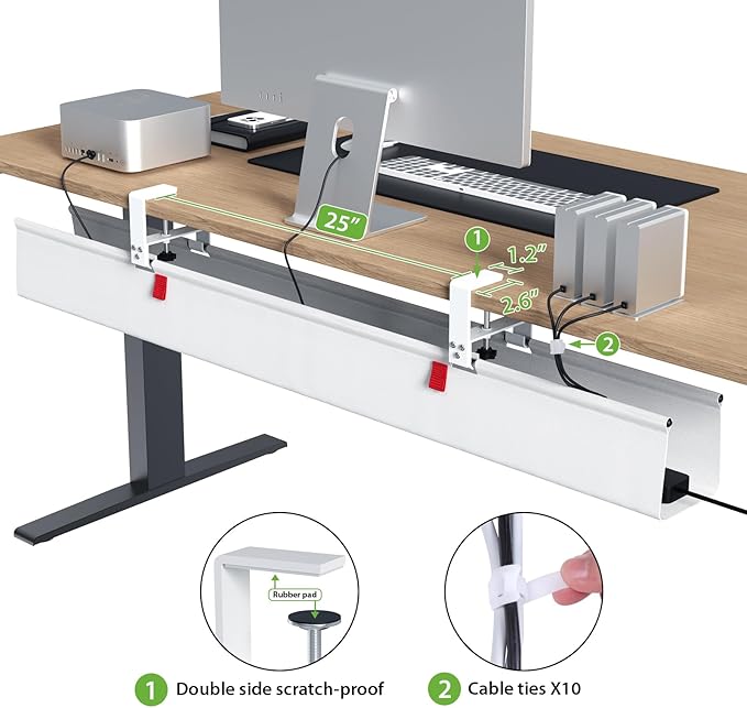 KEEGH Extra Large 48" Under Desk Cable Management Tray - Under Desk Cord Management - Clamp/Screw Mount - Support Upto 70lbs - Fabric Wire Management - Cable Raceways Cord Hider for Office/Home, White | Cable Raceways - TrueDesk