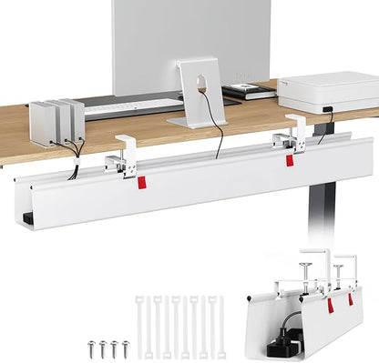 KEEGH Extra Large 48" Under Desk Cable Management Tray - Under Desk Cord Management - Clamp/Screw Mount - Support Upto 70lbs - Fabric Wire Management - Cable Raceways Cord Hider for Office/Home, White | Cable Raceways - TrueDesk