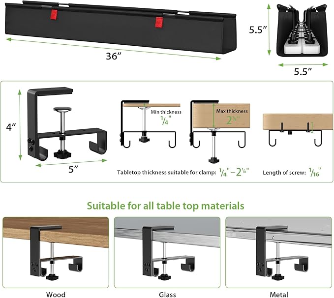 KEEGH Large 36" Under Desk Cable Management Tray - Under Desk Cord Organizer - Clamp/Screw Mount - Support Upto 70lbs - Fabric Wire Management - Gaming/PC Cable Raceways - Cord Hiders for Office/Home | Cable Raceways - TrueDesk