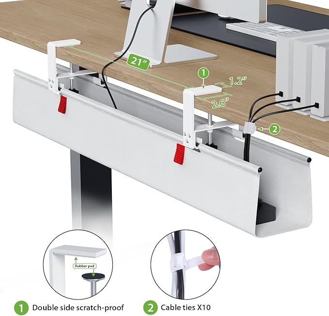 KEEGH Large 36" Under Desk Cable Management Tray - Under Desk Cord Organizer - Clamp/Screw Mount - Support Upto 70lbs - Wire Management - Gaming/PC Cable Tray - Cord Hiders for Office/Home, White | Cable Raceways - TrueDesk