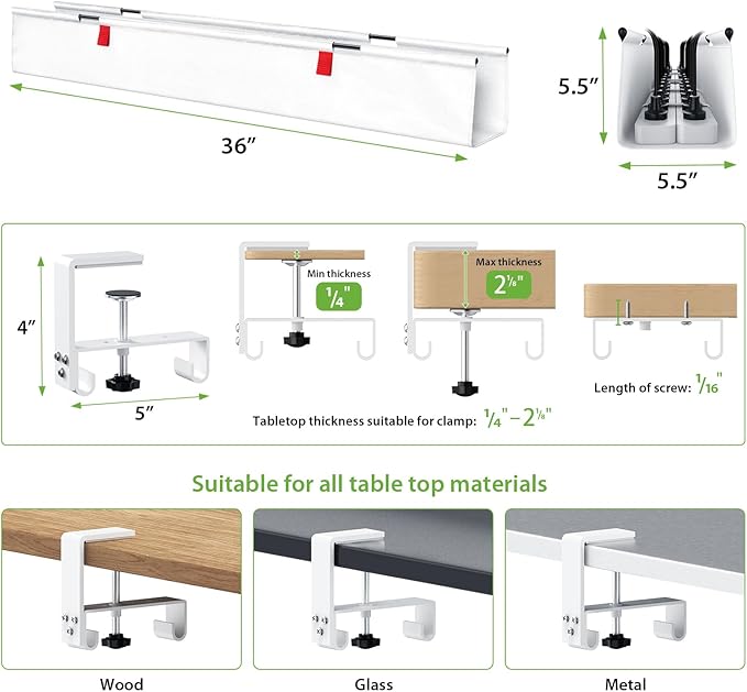 KEEGH Large 36" Under Desk Cable Management Tray - Under Desk Cord Organizer - Clamp/Screw Mount - Support Upto 70lbs - Wire Management - Gaming/PC Cable Tray - Cord Hiders for Office/Home, White | Cable Raceways - TrueDesk