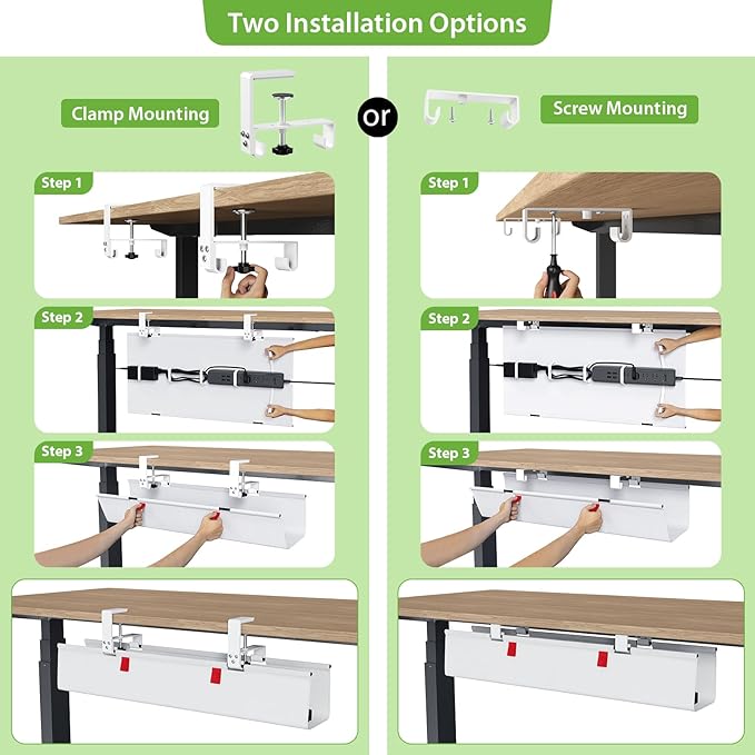 KEEGH No Drill Under Desk Cable Management Tray - 28" Cord Management Under Desk - Clamp/Screw Mount - Support Upto 70lbs - Fabric Wire Management - Gaming/PC Cable Raceways for Office/Home, White | Cable Raceways - TrueDesk
