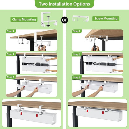 KEEGH No Drill Under Desk Cable Management Tray - 28" Cord Management Under Desk - Clamp/Screw Mount - Support Upto 70lbs - Fabric Wire Management - Gaming/PC Cable Raceways for Office/Home, White | Cable Raceways - TrueDesk