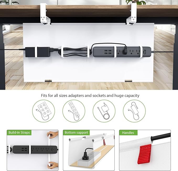 KEEGH No Drill Under Desk Cable Management Tray - 28" Cord Management Under Desk - Clamp/Screw Mount - Support Upto 70lbs - Fabric Wire Management - Gaming/PC Cable Raceways for Office/Home, White | Cable Raceways - TrueDesk