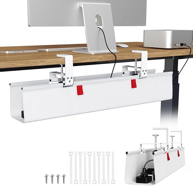 KEEGH No Drill Under Desk Cable Management Tray - 28" Cord Management Under Desk - Clamp/Screw Mount - Support Upto 70lbs - Fabric Wire Management - Gaming/PC Cable Raceways for Office/Home, White | Cable Raceways - TrueDesk