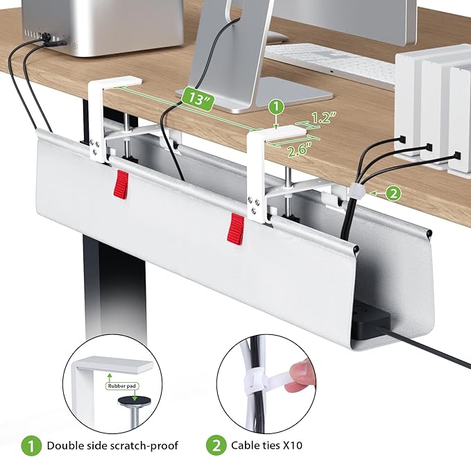 KEEGH No Drill Under Desk Cable Management Tray - 28" Cord Management Under Desk - Clamp/Screw Mount - Support Upto 70lbs - Fabric Wire Management - Gaming/PC Cable Raceways for Office/Home, White | Cable Raceways - TrueDesk