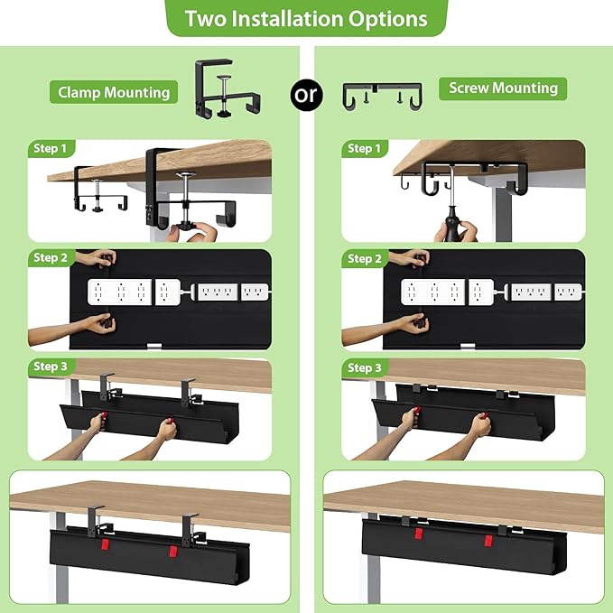 KEEGH No Drill Under Desk Cable Management Tray - 28" Cord Management Under Desk - Clamp/Screw Mount - Support Upto 70lbs - Fabric Wire Management - Gaming/PC Cable Tray Cord Hiders for Office/Home | Cable Raceways - TrueDesk
