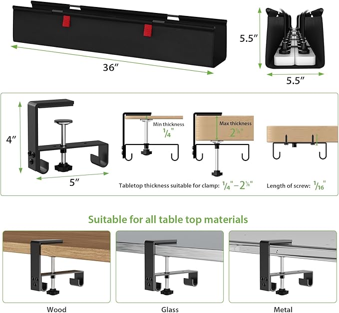KEEGH No Drill Under Desk Cable Management Tray - 28" Cord Management Under Desk - Clamp/Screw Mount - Support Upto 70lbs - Fabric Wire Management - Gaming/PC Cable Tray Cord Hiders for Office/Home | Cable Raceways - TrueDesk