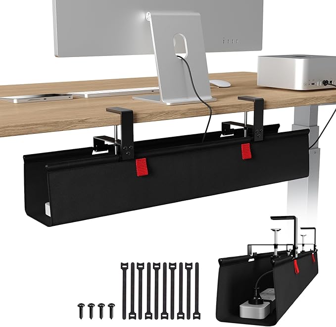 KEEGH No Drill Under Desk Cable Management Tray - 28" Cord Management Under Desk - Clamp/Screw Mount - Support Upto 70lbs - Fabric Wire Management - Gaming/PC Cable Tray Cord Hiders for Office/Home | Cable Raceways - TrueDesk