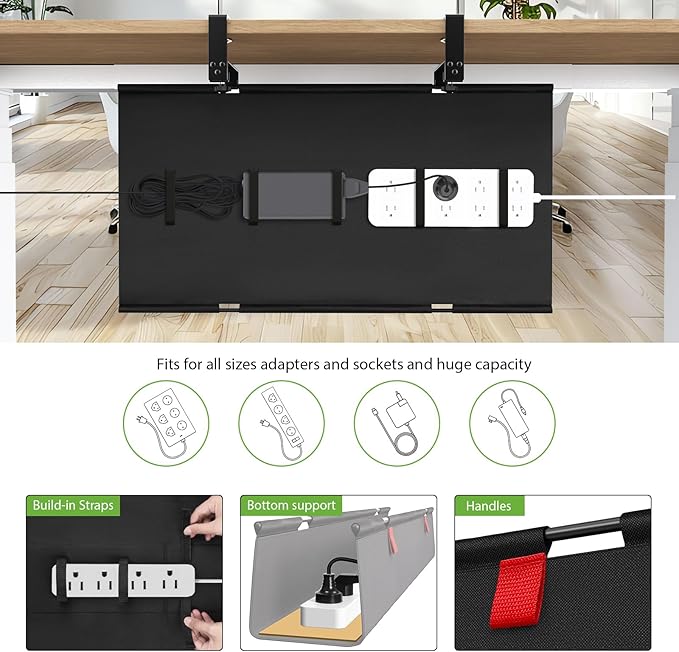 KEEGH No Drill Under Desk Cable Management Tray - 28" Cord Management Under Desk - Clamp/Screw Mount - Support Upto 70lbs - Fabric Wire Management - Gaming/PC Cable Tray Cord Hiders for Office/Home | Cable Raceways - TrueDesk