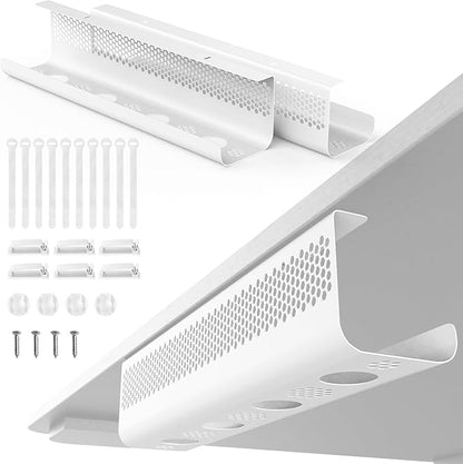 KHAMAL Cable Management Under Desk 26PCS - Cable Management Tray Kit Ventilated Hexagonal Design with Cable Clips, Wire Ties, Cord Holder & Screws for Office, Home - 2 White Sets | Cable Raceways - TrueDesk