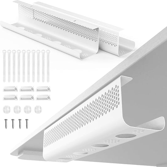 KHAMAL Cable Management Under Desk 26PCS - Cable Management Tray Kit Ventilated Hexagonal Design with Cable Clips, Wire Ties, Cord Holder & Screws for Office, Home - 2 White Sets | Cable Raceways - TrueDesk