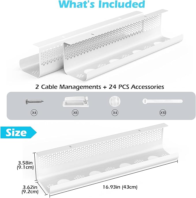 KHAMAL Cable Management Under Desk 26PCS - Cable Management Tray Kit Ventilated Hexagonal Design with Cable Clips, Wire Ties, Cord Holder & Screws for Office, Home - 2 White Sets | Cable Raceways - TrueDesk