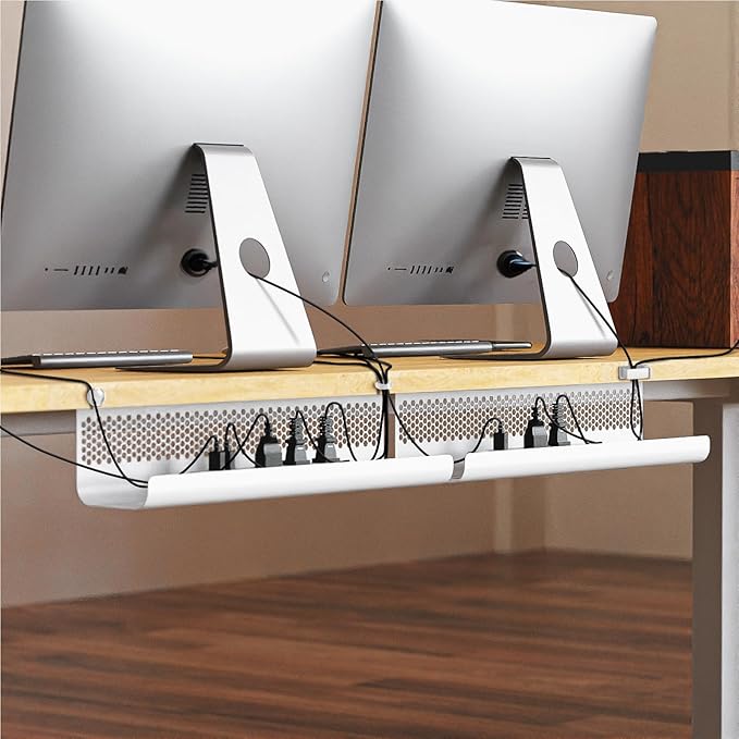 KHAMAL Cable Management Under Desk 26PCS - Cable Management Tray Kit Ventilated Hexagonal Design with Cable Clips, Wire Ties, Cord Holder & Screws for Office, Home - 2 White Sets | Cable Raceways - TrueDesk