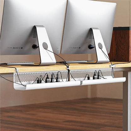 KHAMAL Cable Management Under Desk 26PCS - Cable Management Tray Kit Ventilated Hexagonal Design with Cable Clips, Wire Ties, Cord Holder & Screws for Office, Home - 2 White Sets | Cable Raceways - TrueDesk