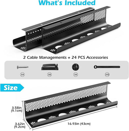 KHAMAL Cable Management Under Desk 26PCS - Cable Management Tray Kit Ventilated Hexagonal Design with Cable Clips, Wire Ties, Cord Holder & Screws for Office, Home (Black) | Cable Raceways - TrueDesk
