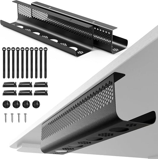 KHAMAL Cable Management Under Desk 26PCS - Cable Management Tray Kit Ventilated Hexagonal Design with Cable Clips, Wire Ties, Cord Holder & Screws for Office, Home (Black) | Cable Raceways - TrueDesk