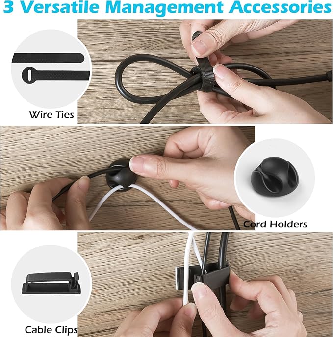 KHAMAL Cable Management Under Desk 26PCS - Cable Management Tray Kit Ventilated Hexagonal Design with Cable Clips, Wire Ties, Cord Holder & Screws for Office, Home (Black) | Cable Raceways - TrueDesk