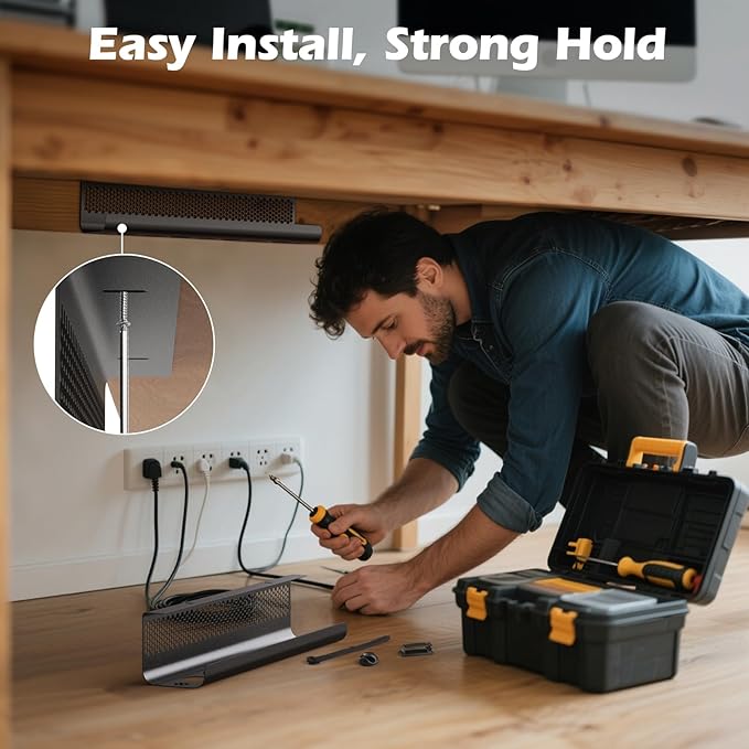 KHAMAL Cable Management Under Desk 26PCS - Cable Management Tray Kit Ventilated Hexagonal Design with Cable Clips, Wire Ties, Cord Holder & Screws for Office, Home (Black) | Cable Raceways - TrueDesk