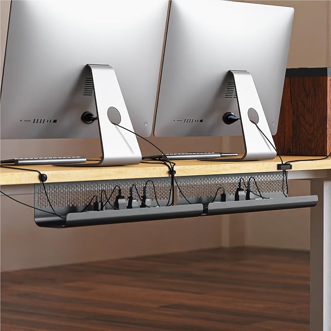 KHAMAL Cable Management Under Desk 52PCS - Cable Management Tray Kit Ventilated Hexagonal Design with Cable Clips, Wire Ties, Cord Holder & Screws for Office, Home - 4 Black Sets | Cable Raceways - TrueDesk