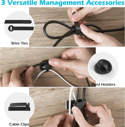 KHAMAL Cable Management Under Desk 52PCS - Cable Management Tray Kit Ventilated Hexagonal Design with Cable Clips, Wire Ties, Cord Holder & Screws for Office, Home - 4 Black Sets | Cable Raceways - TrueDesk